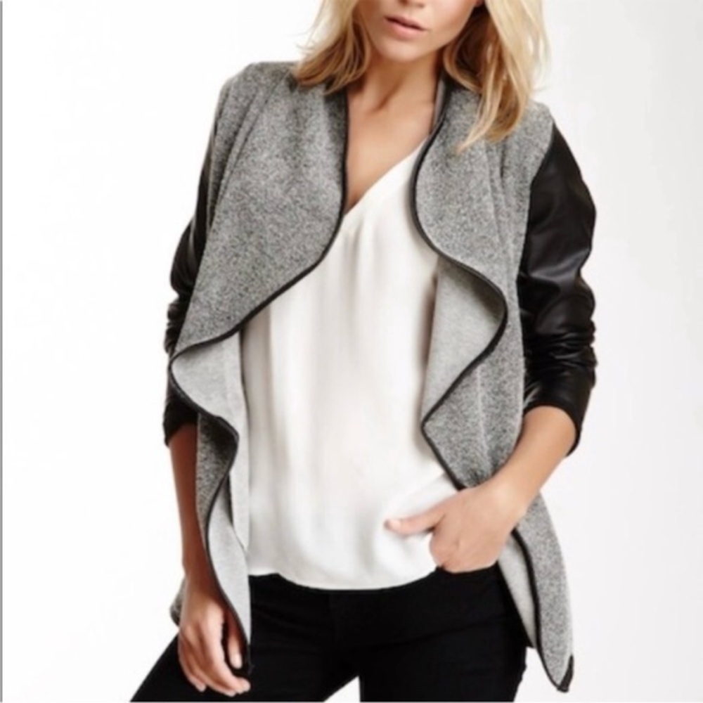Jack by BB Dakota Blazer Jacket Tweed Faux Leather Open Front Black Grey M Drape